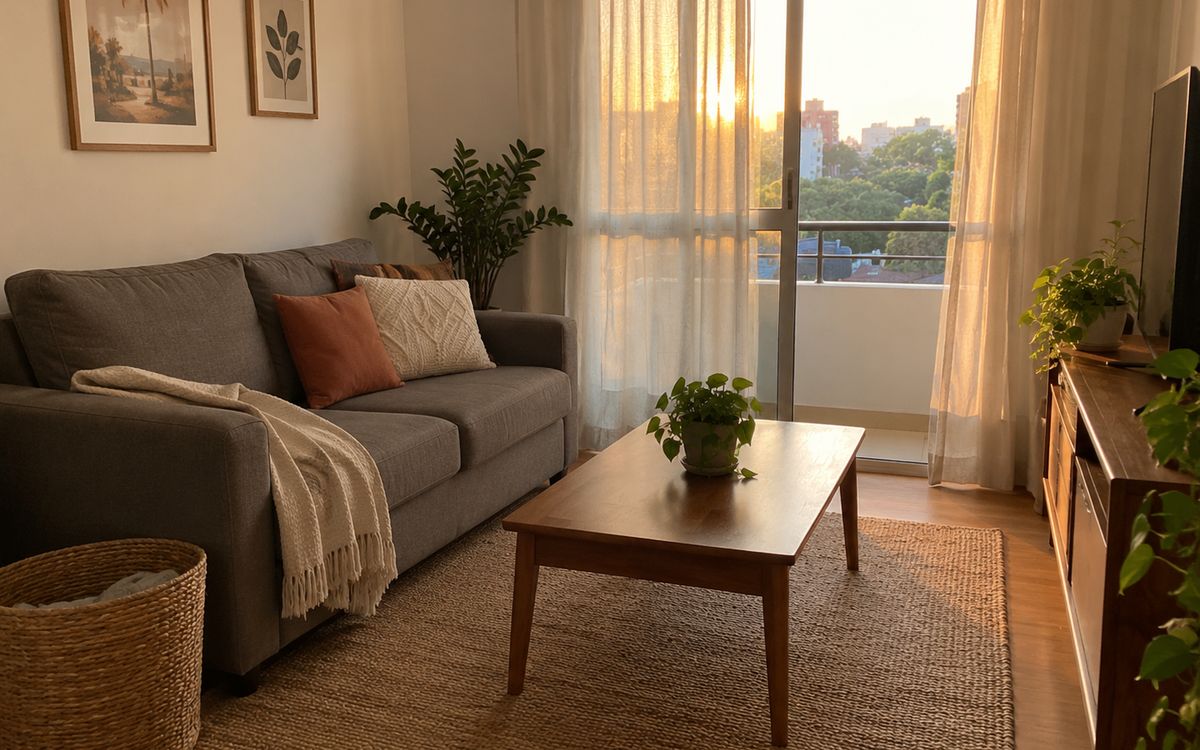 Sala pequena e arrumada, com sofá, manta dobrada e mesa de centro livre, na luz do fim da tarde