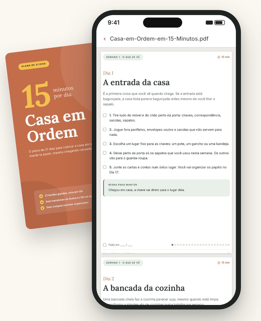 O guia Casa em Ordem aberto no celular, na página do Dia 1: a entrada da casa