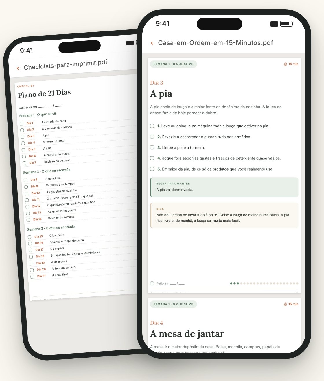 Duas páginas do guia no celular: o Dia 3, a pia, e a checklist do Plano de 21 Dias